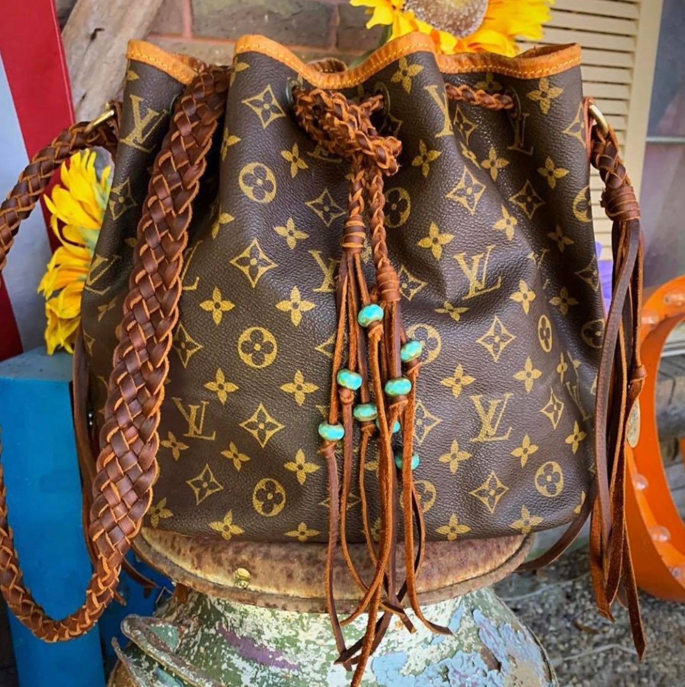 Louis Vuitton, Bags, Louis Vuitton Noe Monogrambucketbag With Custom  Leather Fringe And Straps